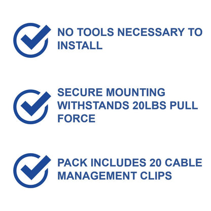 Legrand - OnQ Cable Management Clips, No Tools to Install Wall Cable Management, Cable Clips Withstand 20 LBS Pull Force, Black, AC103520, 20 Pack