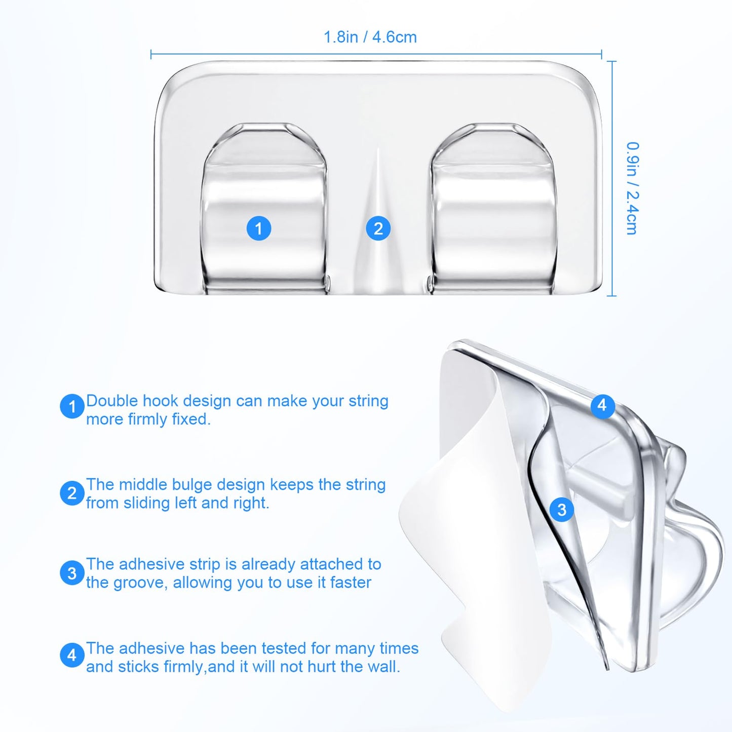 Hetyue Hooks for Outdoor String Lights Clips: 26Pcs Heavy Duty Light Hook with Waterproof Adhesive Strips - Outside Clear Cord Holders for Hanging Christmas Lighting - Outdoors Sticky Clip