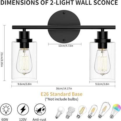 GORDNWE Modern Vanity Light - 2 Lights, Matte Black, E26 Bulb Base, Over Mirror, Farmhouse Style