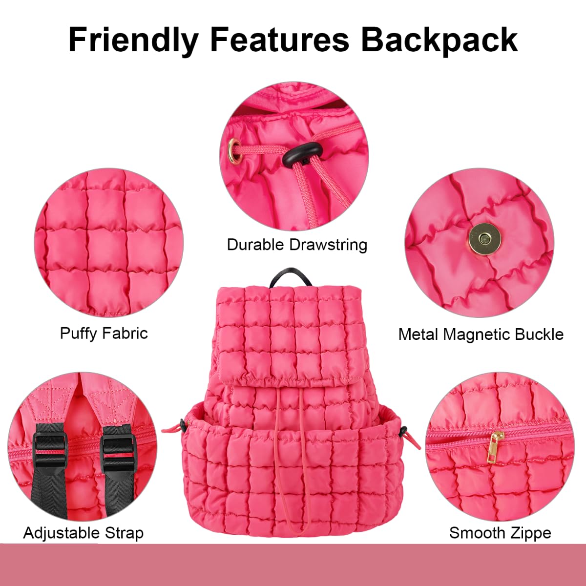 XSUIOY Quilted Backpack Purse for Women Small Lightweight Puffer Puffy College Laptop Backpack Nylon Casual Bookbag Daypack Top Flap Drawstring Padding Hiker Travel Gym Backpack(Rosered)