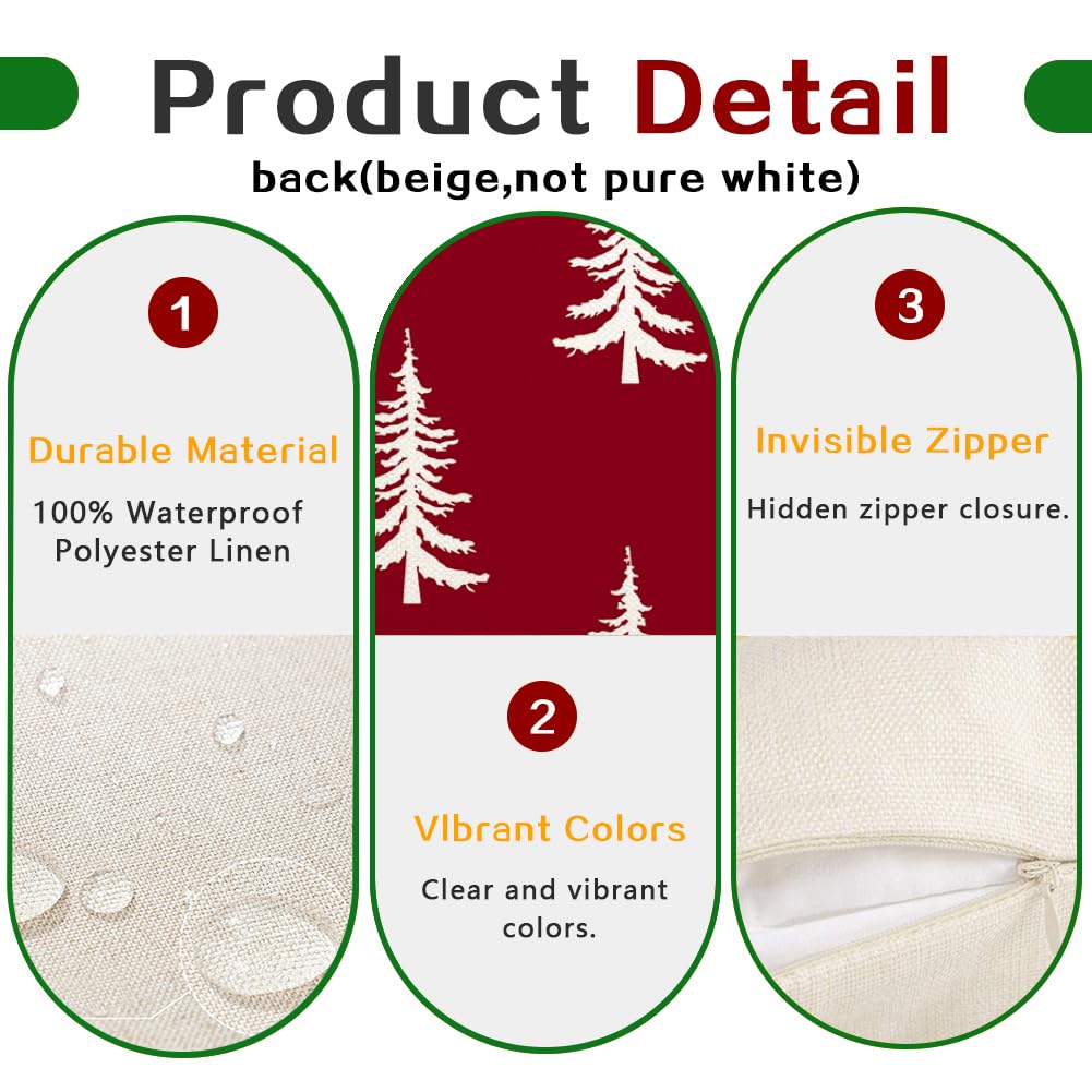 RABUSOFA Christmas Pillow Covers 18x18 inch Set of 2 Indoor Outdoor Waterproof Red Christmas Decor Tree Decorative Throw Cushion Cases Winter Xmas Holiday Decoration for Couch Patio