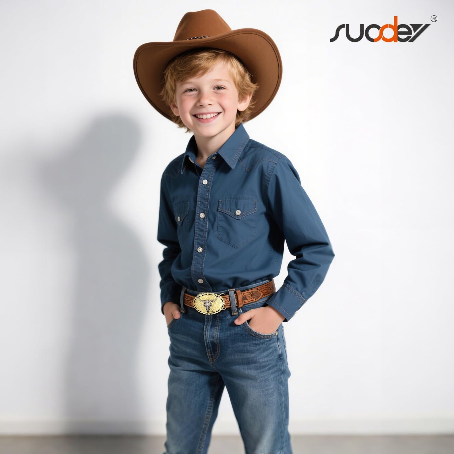 SUOSDEY Kids Western Cowboy Belt for Boys Girls,Toddler Cowgirl Embossed Leather Belt with Longhorn Bull Buckle