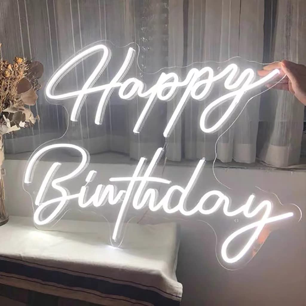 Large Happy Birthday LED Neon Sign, 28 inches Personalized Neon Light Sign for Birthday Party Wall Decoration Bar Rave Home Decor Christmas Light Present(White)