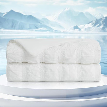 Cozy Bliss Cooling Comforter Twin Size Seersucker Plaid, Q-Max 0.4 Reversible Lightweight Cooling Blanket, Breathable Silk Smooth Summer Bedding Quilt for Hot Sleepers Night Sweats White