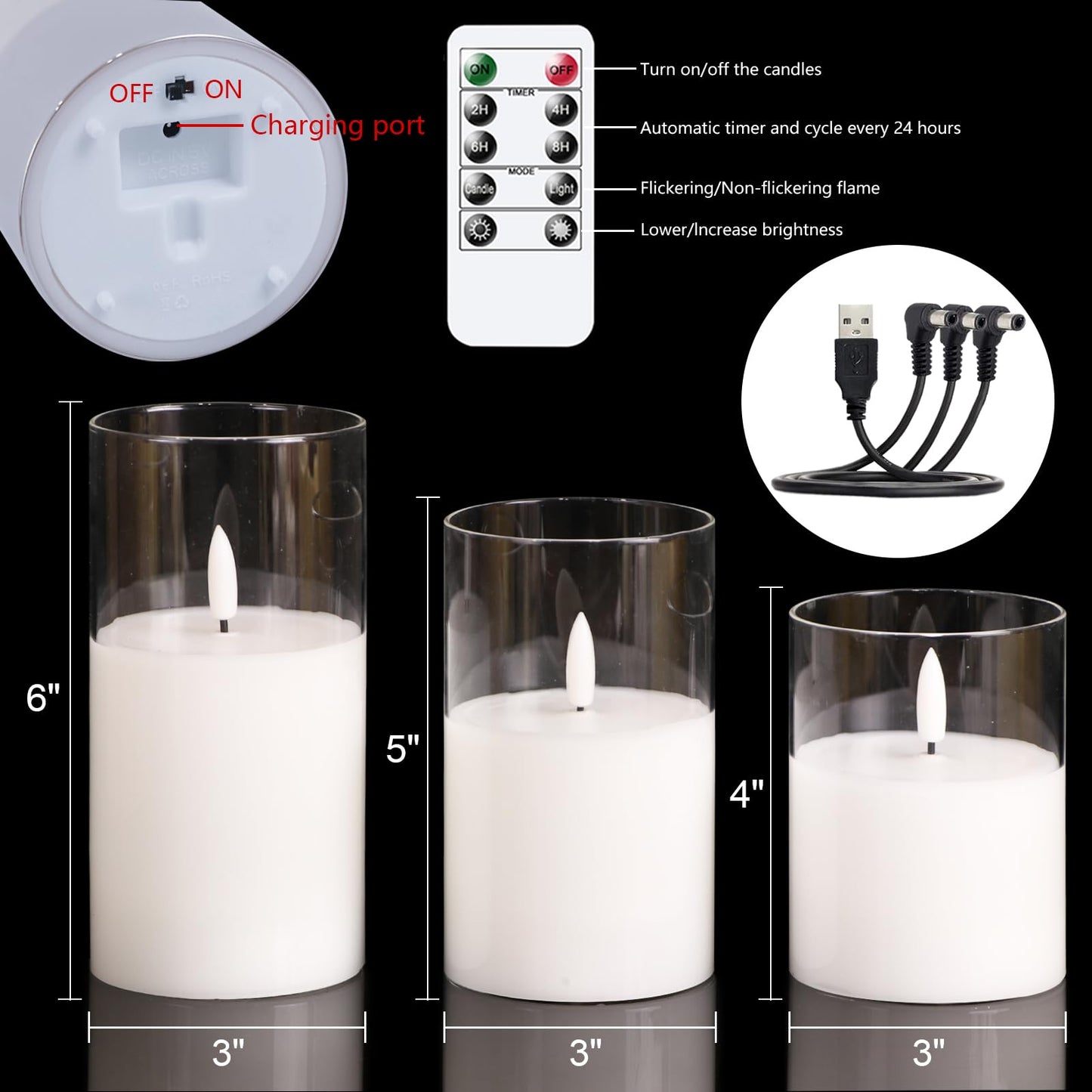 KunSwenn Rechargeable Candles with Remote Timer, Clear Glass Flameless Candles Flickering with Charging Cable, 3 Pack Real Wax LED Pillar Candle for Halloween Christmas Home Decor (D3” x H4”5”6”)