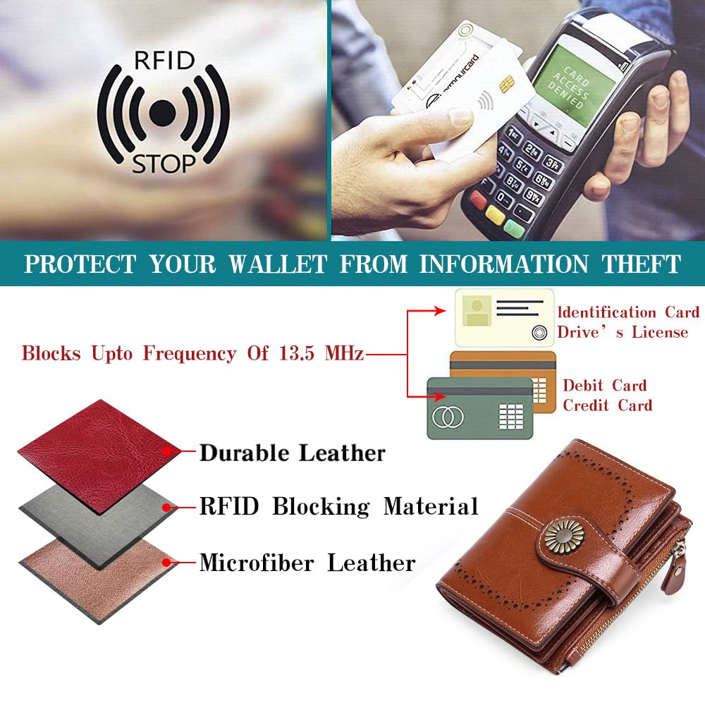 SENDEFN Small Womens Wallet Leather Bifold Card Holder RFID Blocking with Zipper Coin Pocket