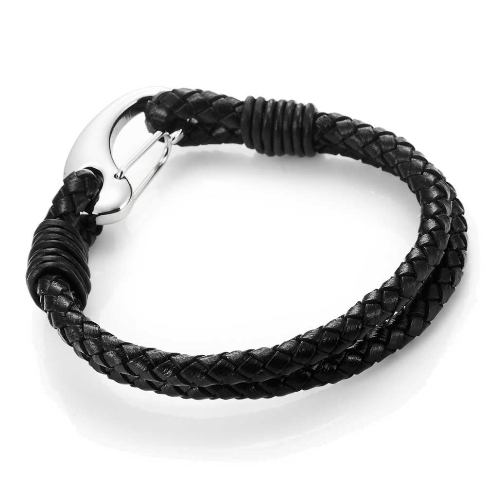 Urban Jewelry Braided Black Genuine Leather Bracelet with Locking Stainless Steel Clasp (Black, Silver, Length 8")