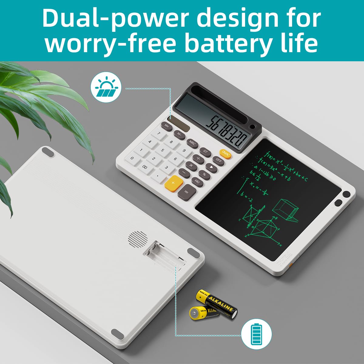 DPEDUAI Solar Desk Calculator with 7.5 inc LCD Writing Membrane, 15° Tilt for Easy Reading, Integrated Phone Stand, Voice & Silent Modes, Anti-Slip Pads for Stability, Ideal for Office & Study Use