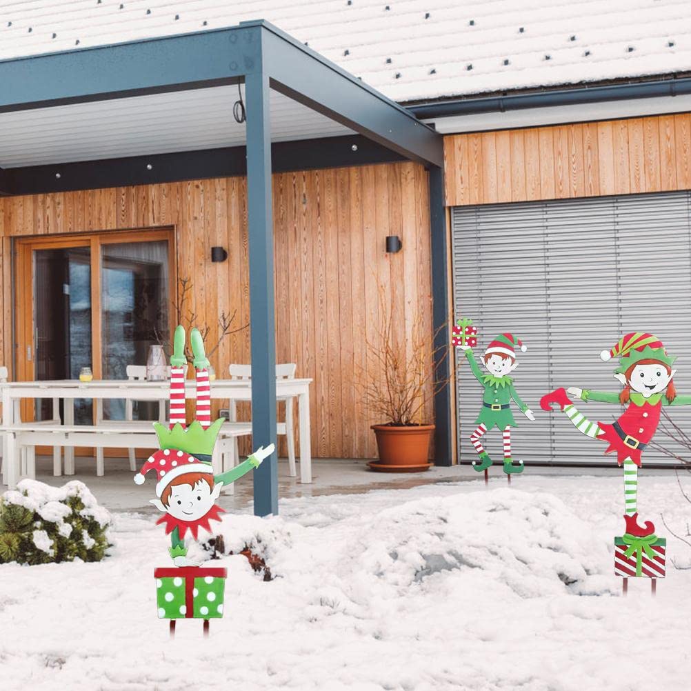 shenruifa Christmas Elf Garden Stake, Metal Gnome Yard Stake Wrought Iron Elf Ornament Yard Signs Decor Outdoor Holiday Decoration (a)