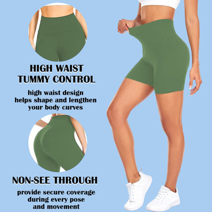 FULLSOFT High Waisted Biker Shorts for Women-5" Tummy Control Fitness Athletic Workout Exercise Shorts for Women Running Yoga Gym Soft Work Out Shorts Ropa Deportiva para Mujer (Tea Green,L-XL)