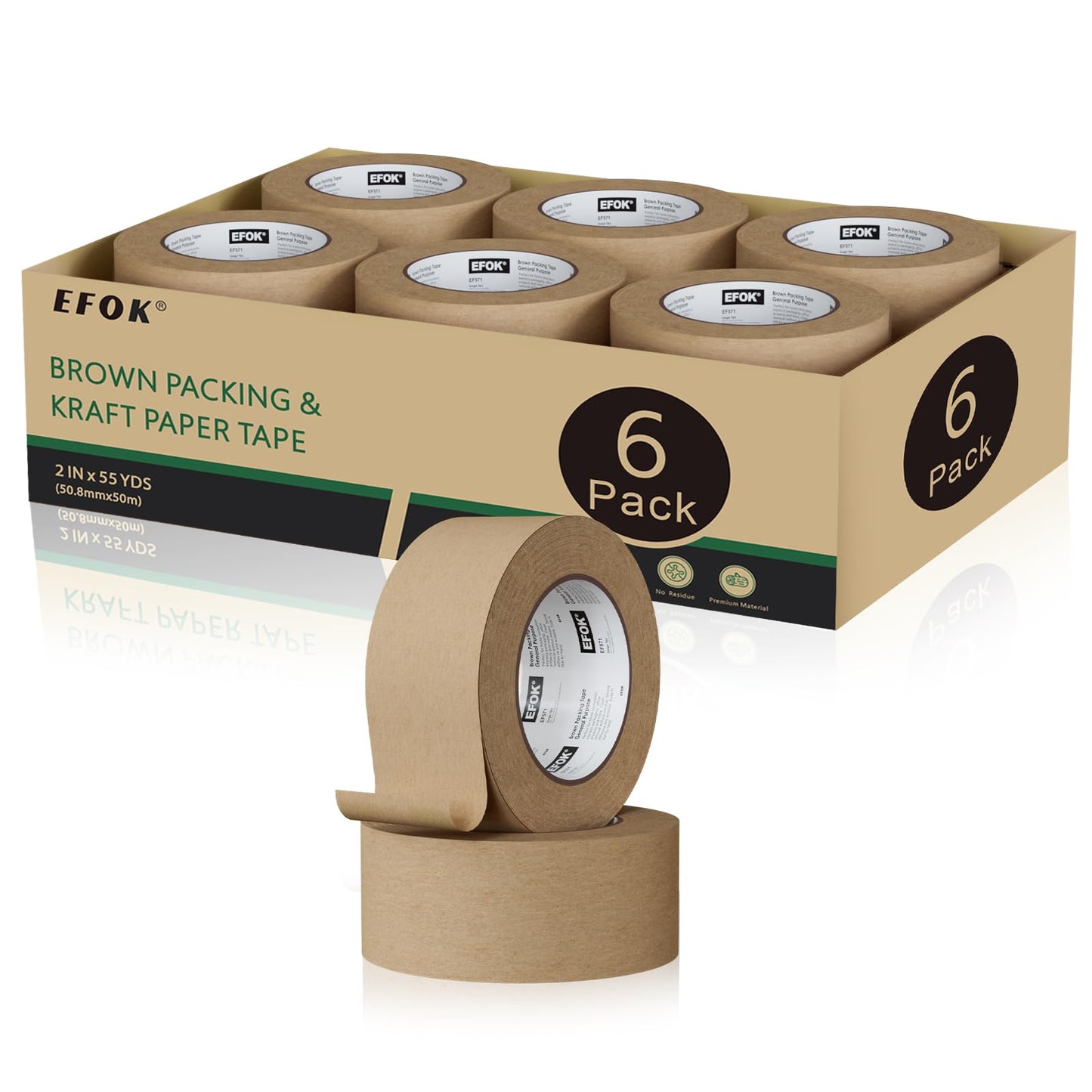 EFOK 6 Rolls Brown Packing Tape 2 Inch Bulk, 2025 Upgrade Kraft Paper Packaging Tape, 2 Inch x 55 Yards, Cardboard Shipping for Packing Boxes, Tear by Hand for Express Parcels & Office Use