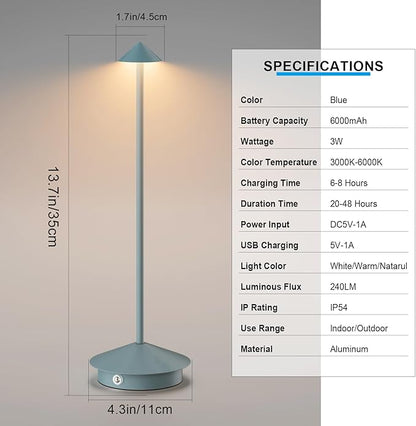 2-Pack 6000mAh Rechargeable Led Table Lamp Cordless,3000K-6000K Stepless Dimming Touch Lamps with Memory Function,IP54 Waterproof Aluminum Table Light for Outdoor/Bars/Restaurant/Patio(Blue)