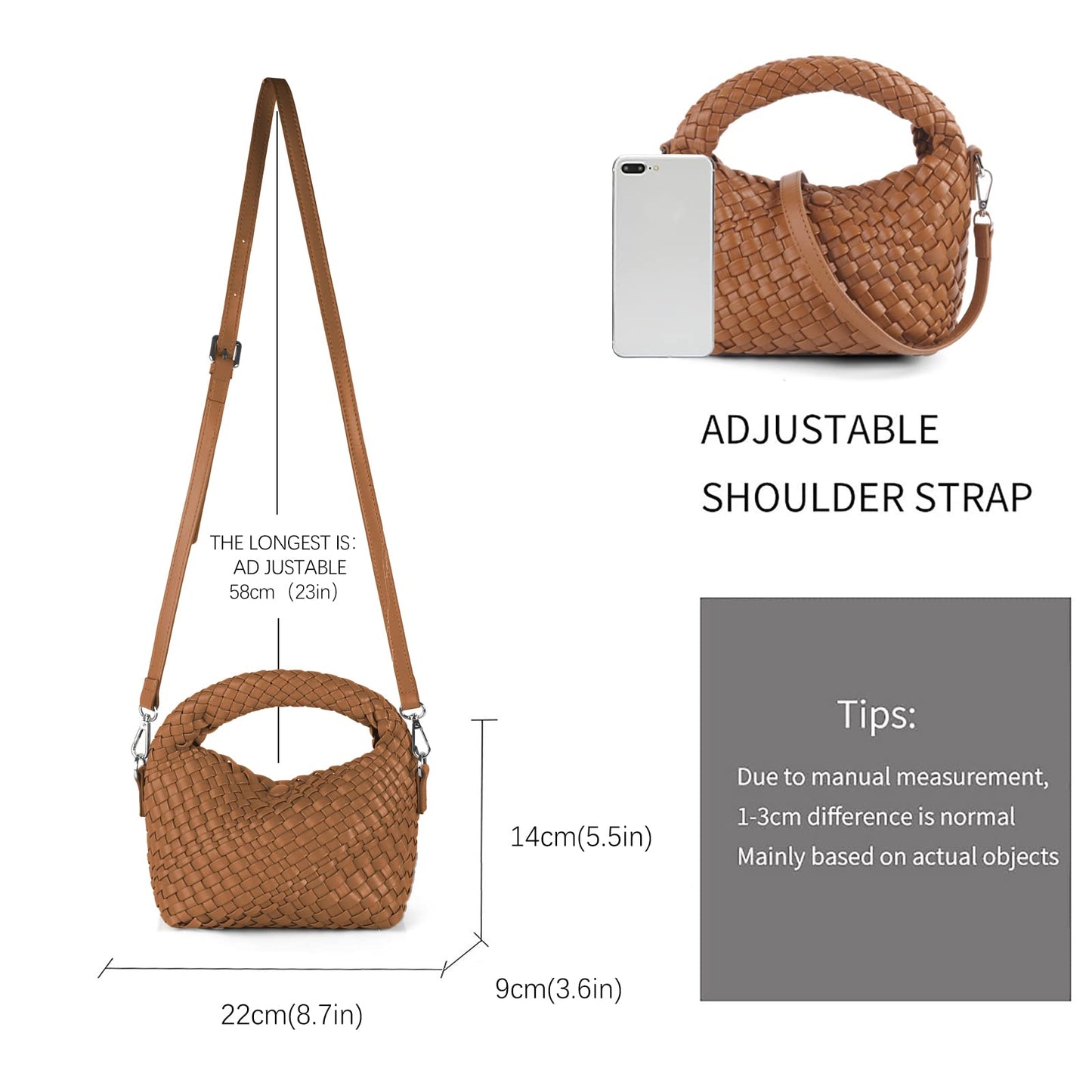 Woven Shoulder Bag for Women, Aesthetic Small Purse Trendy Top Handle Handbag PU Leather Crossbody Bag with Detachable Strap Cute for Mom Sister Girlfriend (BROWN)