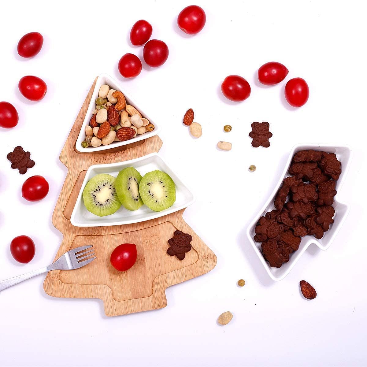 JiabaoPC 10.8 Inches Snack Appetizer Trays Set, Christmas Tree Dessert Serving Dishes, Snack Platter, 3 pcs Removable White Porcelain Plates with Bamboo Tree Tray,Thanksgiving and Christmas
