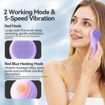 Facial Cleansing Brush, Silicone Face Scrubber with Heat and Vibration 5 Speeds, Waterproof Rechargeable Electric Face Scrub Brush for Men & Women, Deep Cleansing, Exfoliating and Massage (Purple)