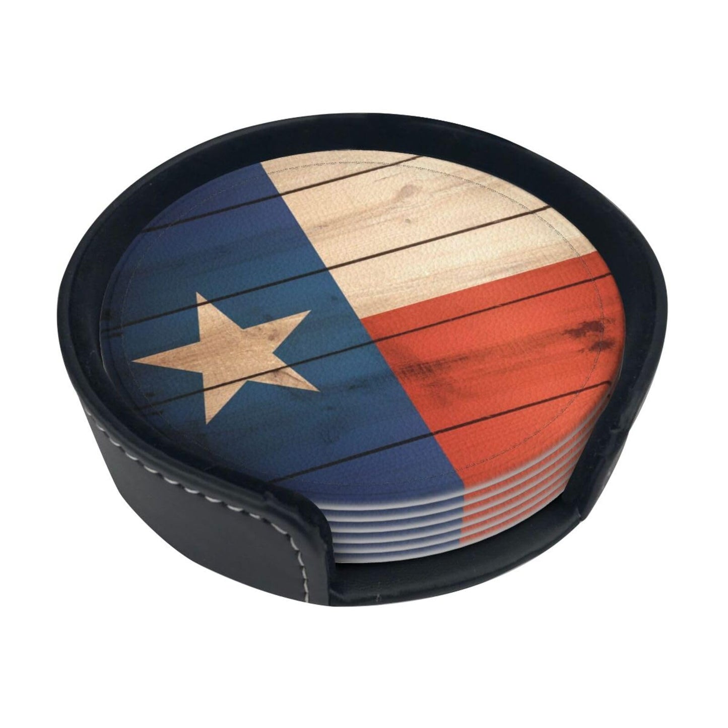 Keeawou Wood Texas Flag Leather Drinks Coasters with Holder, Set of 6, Suitable for Various Cups