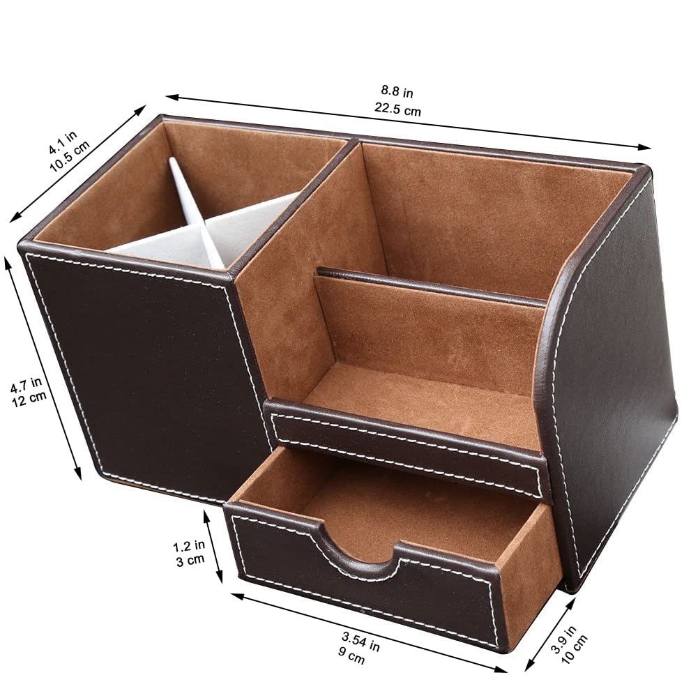 KINGFOM Desk Organizer Office Supplies Caddy Pu Leather Multi-function Storage Box Pen/Pencil,Cell phone, Business Name Cards Remote Control Holder with Small Drawer Brown