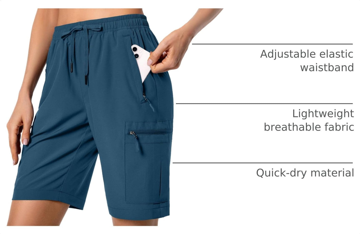 Hugut Women's Lightweight Hiking Cargo Shorts Quick Dry Athletic Shorts Camping Travel Golf Zipper Pockets Water Resistant Dusty Blue