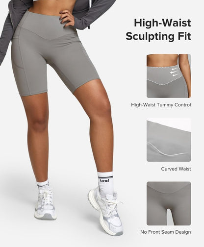 BRXL BrxlZero Biker Shorts Women Pockets 8" No Front Seam High Waisted Compression Workout Tummy Control Running Yoga Gray M