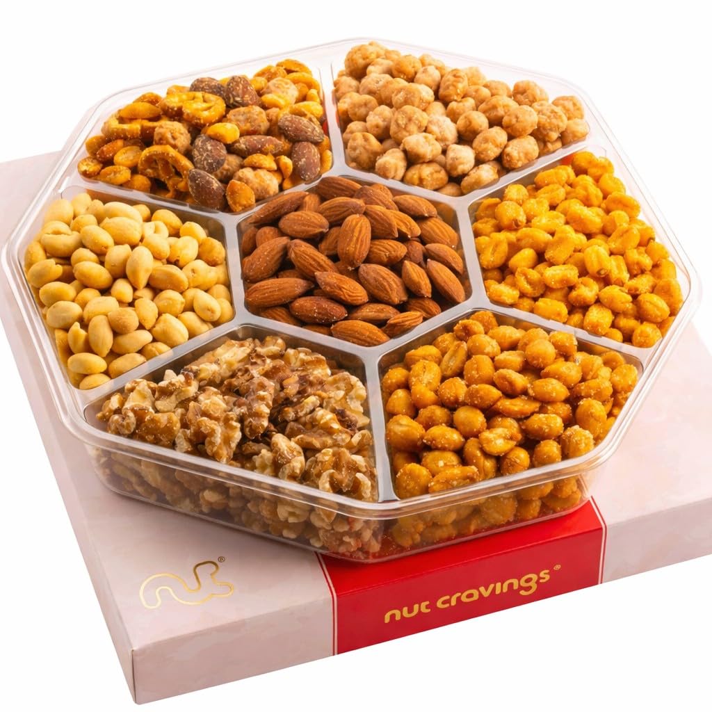 NUT CRAVINGS - Mixed Nuts Gift Basket in Red Gold Classic Box (7 Assortments, 1 LB) Treats for Adults, Food Arrangement, Healthy Snack Care Package, Kosher
