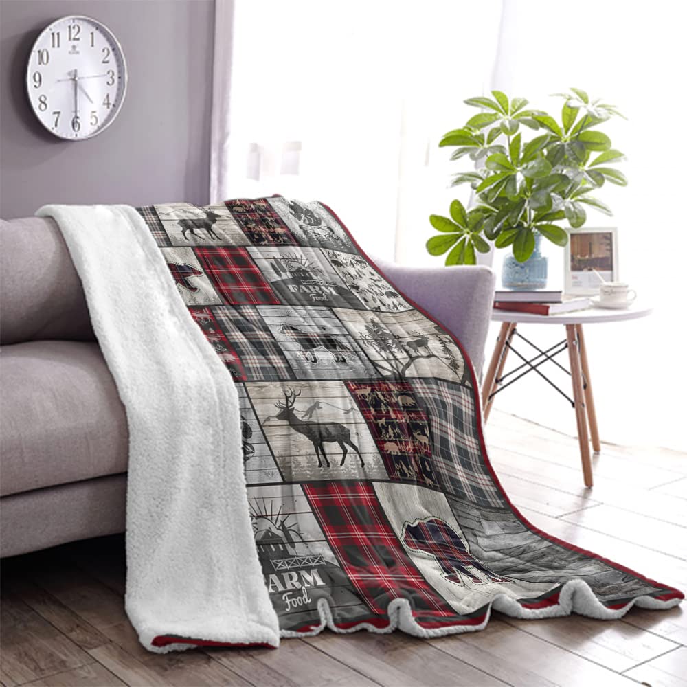 Belperan Wolf Bear and Deer Throw Blanket Rustic Cabin Decor Woodland Blanket Plaid Christmas Blanket Gifts for Women Southwestern Farmhouse Decor for Couch Bed Livingroom