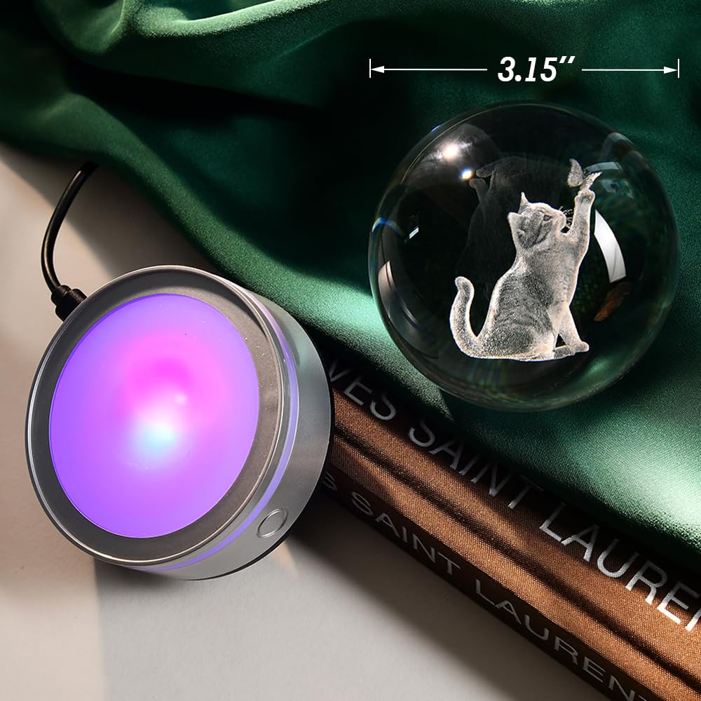 ZRENJHUS 3D Cat Crystal Ball Gifts for Women 80mm Cat Lover Gift for Her Glass Sphere Kitten Night Light with 12 Colorful Modes Light Base