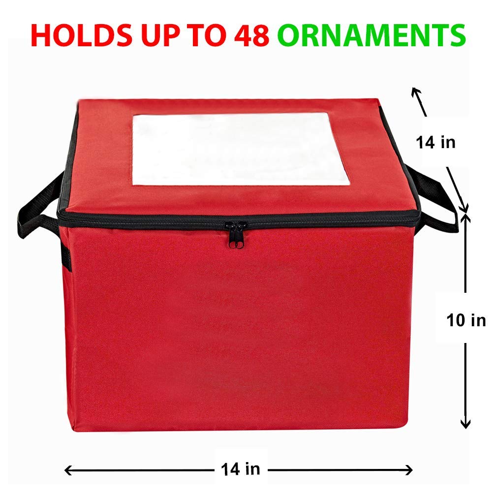 ProPik Christmas Ornament Storage Box, Organizer Holds Up to 48 Xmas Balls with 3 Separate Removable Trays, Container has Dividers to Organize Holiday Tree Ornaments (Red)