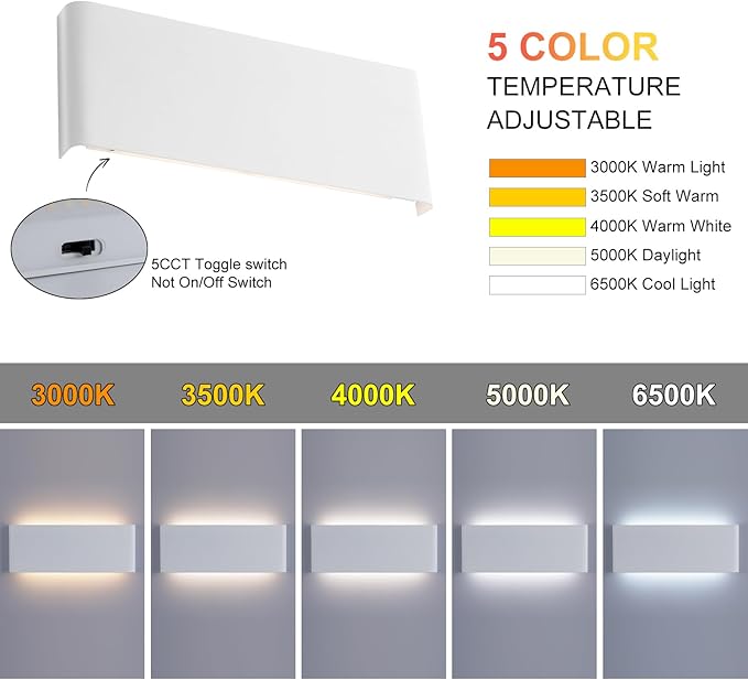 15"Modern LED vanity light,20W Dimmable 5 CCT (3000K-6500K) Adjustable Wall Lamp,Up and Down Wall Lighting,Indoor Wall Sconce for Bedroom,Staircase,Hallway,Dressing Table,1 Pack（White）
