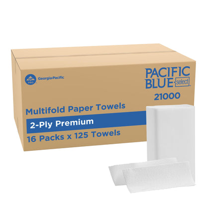Pacific Blue Select by Georgia-Pacific PRO Multifold Premium 2-Ply Paper Towels, White, 3.2” Folded Width, 125 Towels Per Pack, 16 Packs Per Case, 21000