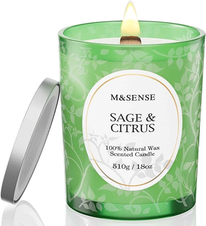 M&SENSE Sage Citrus Scented Candle, Cracking Wooden Wick Soy Wax, 18oz 100 Hours Long Lasting Clean Burn, Large Jar Candles for Home Decor, Non-Toxic Relaxing Fall Winter Aromatherapy Gifts for Women