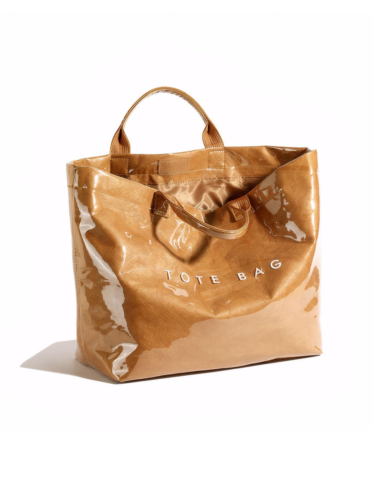 LuxMall PVC Tote Bag for Women Large Tote Purse Kraft Paper The Letters Print Bag Hobo Handbag with Top Handle for Work Travel Shopping Beach, Khaki Brown