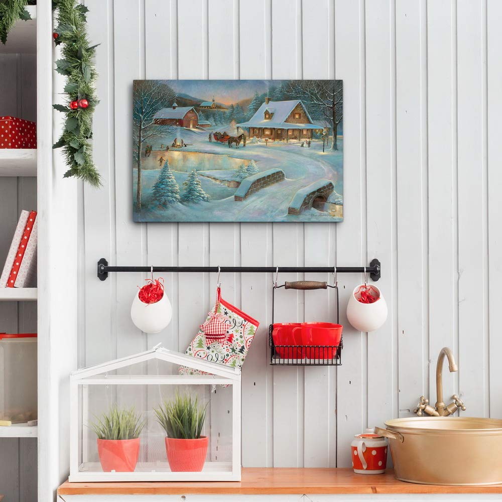 Renditions Gallery Country Winter Wall Art, Picturesque Christmas Scene, People Ice Skating, Snow Covered Barn, Premium Gallery Wrapped Canvas Decor, Ready to Hang, 8 in H x 12 in W, Made in America