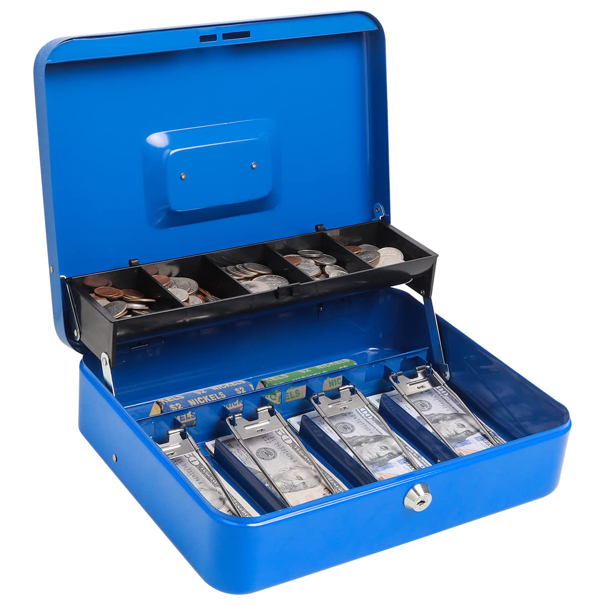 Parrency Cash Box with Key Lock，Durable Metal Cash Box with Money Tray，Lock Box Safe Storage Security Locker，Blue