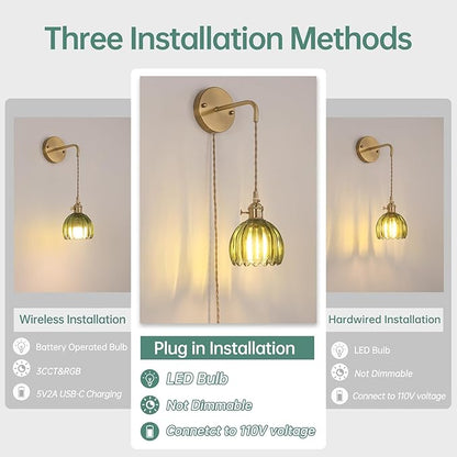 Vintage Wall Sconce Wall Lamp with Green Tulip Glass Shade Hanging Wall Sconce with 4.9FT Plug in Cord, Modern Wall Lamp Fixtures Decor for Bedside Bedroom Indoor Doorway