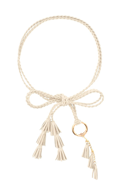 TeeYee Women Waist Belt/Rope/Chain PU Leather Braided Boho 3 layer tassels Fringe Tie Belts Multi Colors 286beige