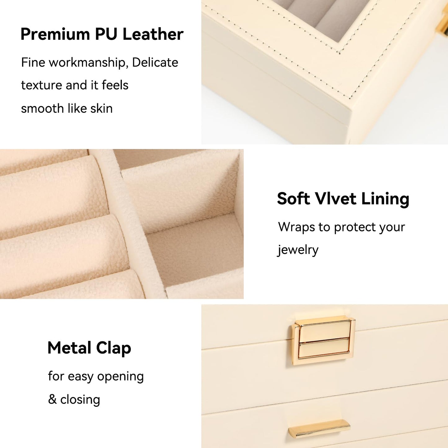 Voova Jewelry Box Organizer for Women Girls, 3 Layer PU Leather Jewelry Storage Case with Glass Lid & 2 Drawers, Large Jewellery Display Holder for Necklaces Rings Earrings Bracelets, Apricot