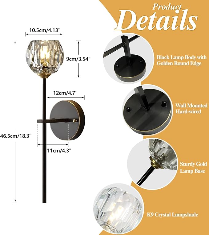 BOKT Postmodern K9 Crystal Wall Lamp Simple Modern Creative Wall Sconces Black Finish Plus Long Diamond Wall Lighting Fixtures for Living Room Dining Room Corridor Bedroom (1Pack)