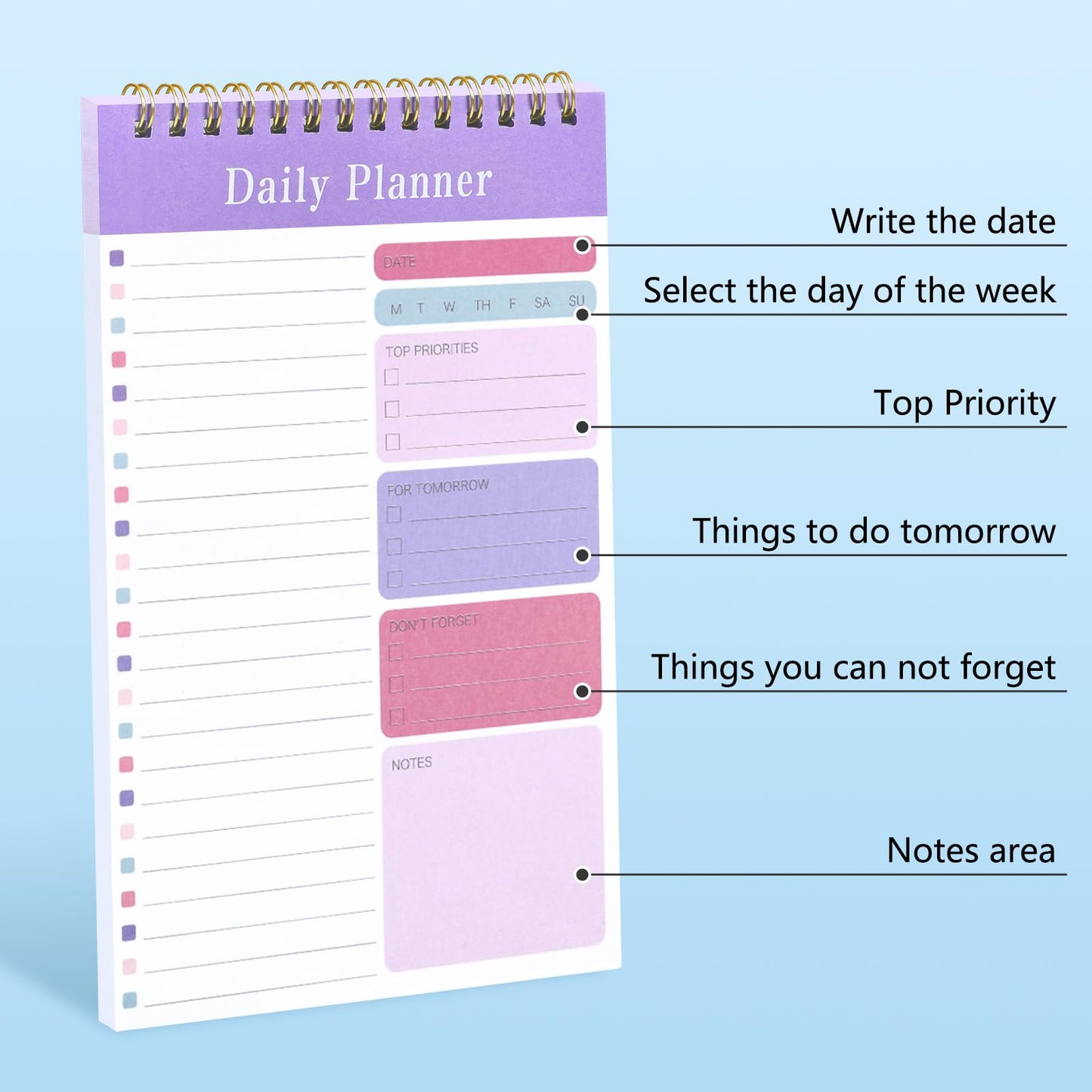 LABUK 10 Pack Daily To Do List Notebook 5" x 8" Daily Planner 30 Sheets Spiral to Do List Notebook for Classroom Office Plan Work Schedule Checklist