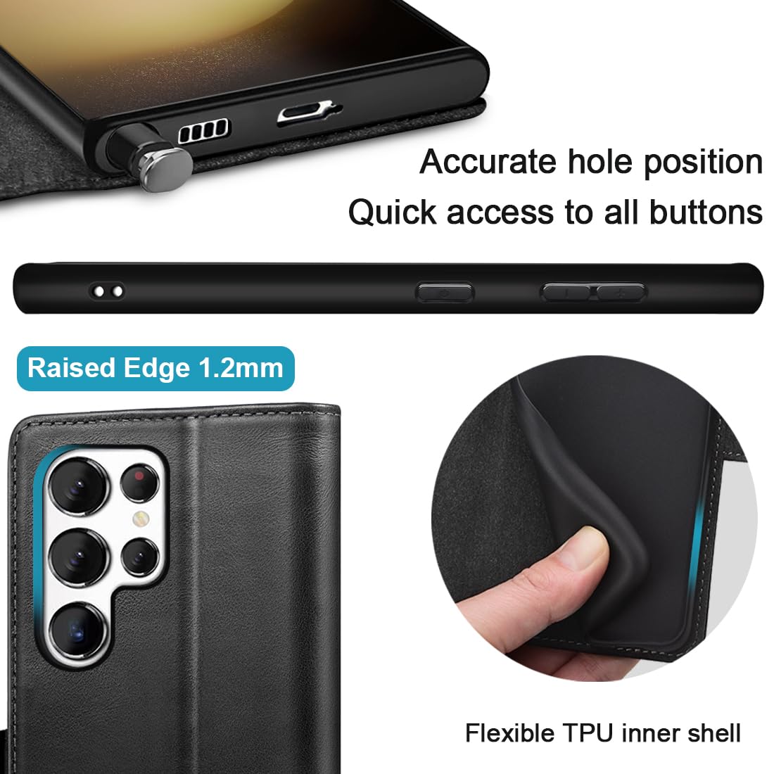 KEZiHOME for Samsung Galaxy S24 Ultra Case, Genuine Leather Wallet Case [RFID Blocking] Card Slot Kickstand Magnetic Protective Phone Folio Cover Compatible with Samsung S24 Ultra 6.8" (Black)