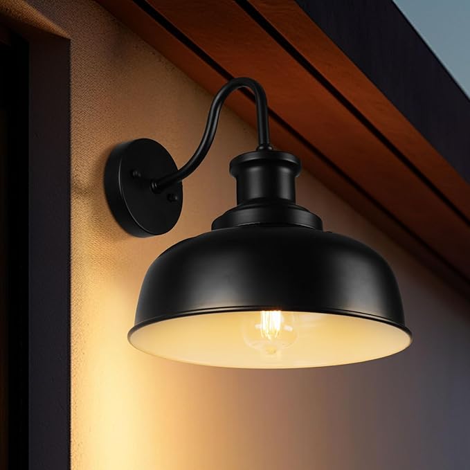 Solar Barn Light for Outside, Dusk to Dawn Gooseneck Outdoor Wall Lights Solar Powered, Farmhouse Exterior Wall Sconce, Industrial Outside Lighting Fixture, Rustic Lantern for Garage, Barn, Shed