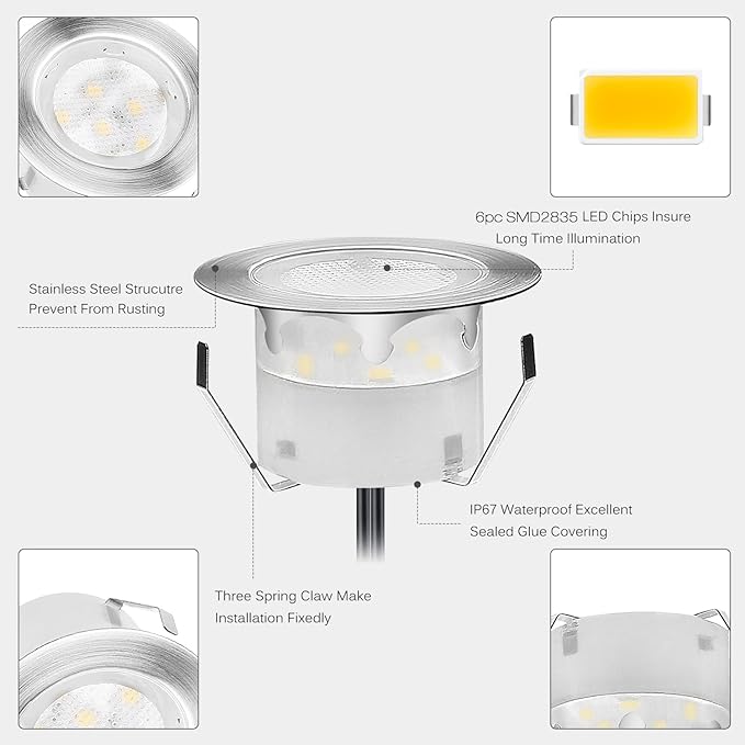 Low Voltage LED Deck Lighting Kit Stainless Steel 1W Waterproof Outdoor Yard Garden Decoration Lamps Landscape Pathway Patio Step Stairs LED In-ground Lights Silver Border(10pcs,Blue)