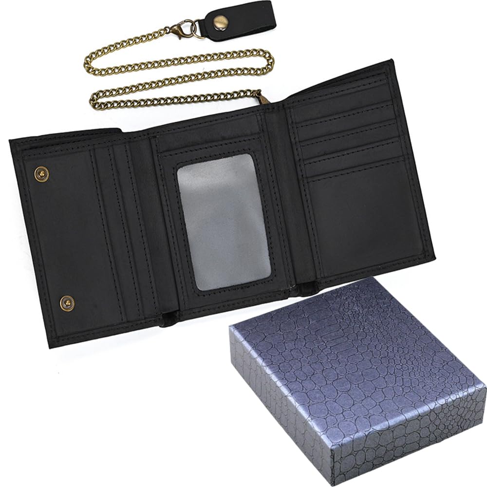 PINKPIN Mens Wallets with Chains, Genuine Leather Trifold Wallet RFID Blocking Anti-Theft Chain for Biker, Motorcycle (Black)