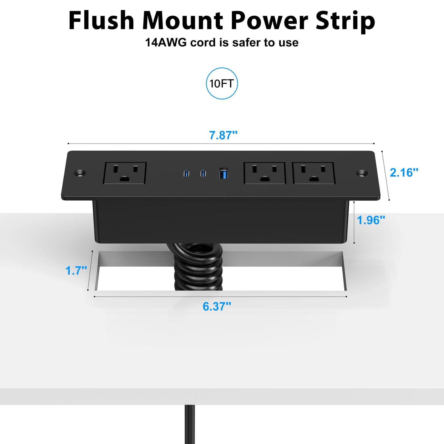 Drawer Outlet Kit with 65W USB C Fast Charging Station, HEZI Recessed Power Outlet with 3 USB Ports & 3 AC Outlets, Furniture Flush Mount Power Strip for Home Office 10ft Cord