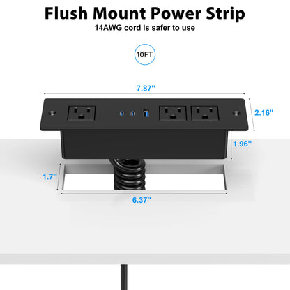 Drawer Outlet Kit with 65W USB C Fast Charging Station, HEZI Recessed Power Outlet with 3 USB Ports & 3 AC Outlets, Furniture Flush Mount Power Strip for Home Office 10ft Cord