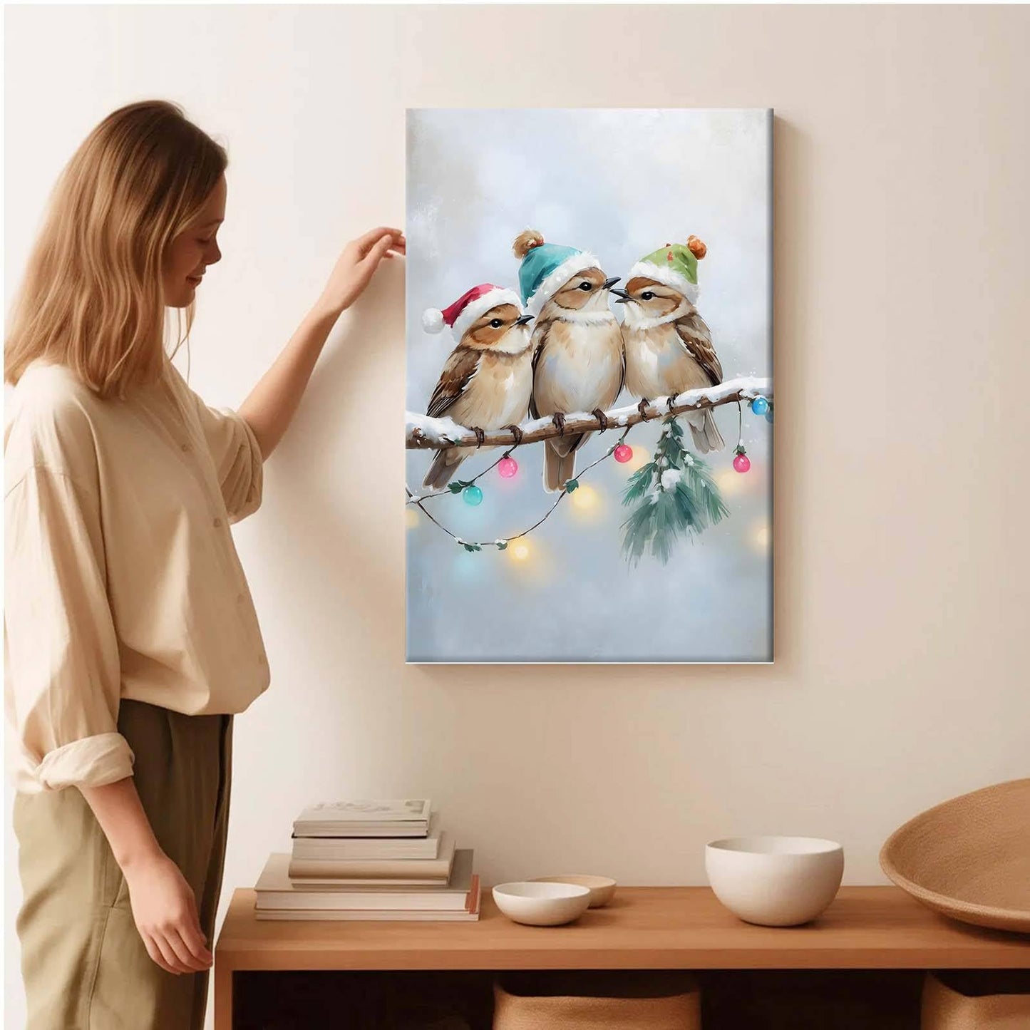Framed Canvas Wall Art Christmas Birds Winter Art Print Wall Art Holiday Poster Trendy Christmas Decor 8x12in Wood Framed