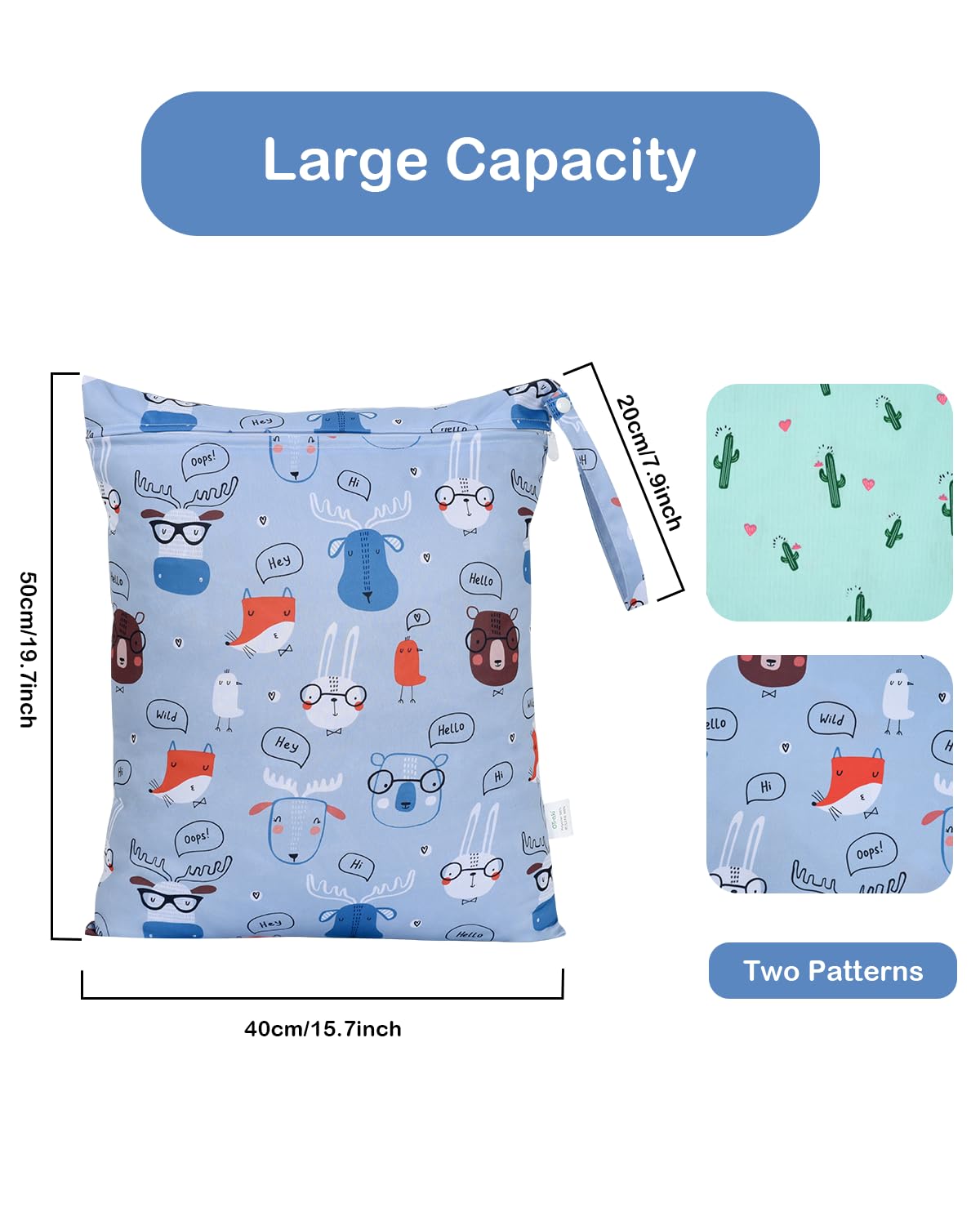 OTraki 2Pcs Waterproof Wet Dry Bags 16x20 inch Wet Bag for Baby, Swimsuit, Cloth Diaper, Daycare With Zippered & Handle Wet Clothes Storage Bag Drying Do Not Exceed 176℉ (Animal & Cactus Pattern)