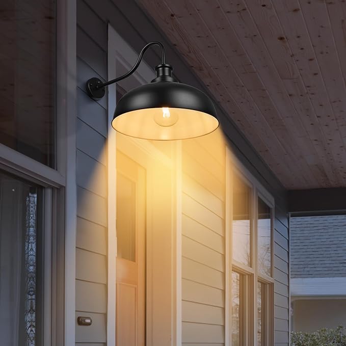 Dusk to Dawn Outdoor Gooseneck Barn Light,16 Inch Dome Outdoor Wall Sconce Farmhouse Exterior Wall Mount Light Vintage Wall Lighting Fixture Industrial Black Wall Lantern for Porch, 2 Pack