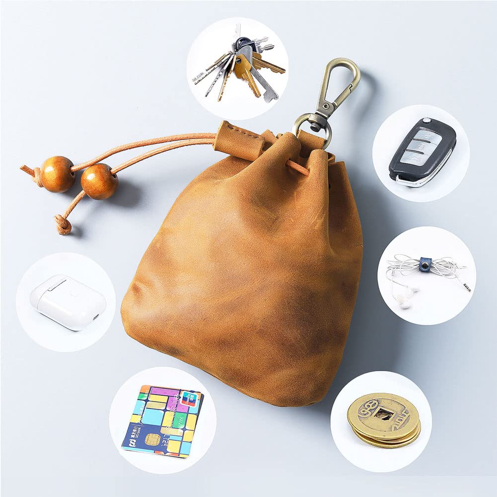 Wugebud 1 Pcs Leather Mini Medieval Pouch Keychain, Coin Organizer, Change Holder, Leather Drawstring Pouch for Men & Women