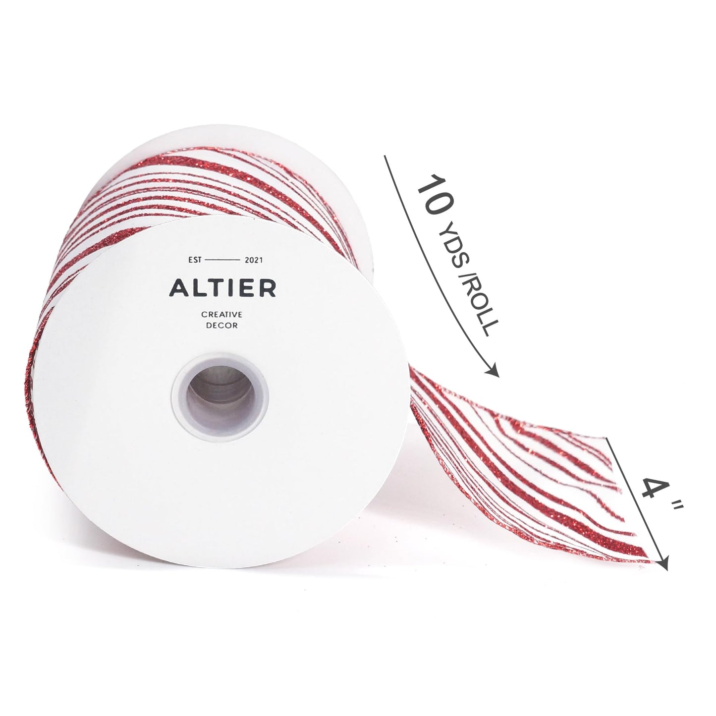 ALTIER 4 Inch x 10 Yards White Satin Red Glitter Stripes Wired Ribbon for Christmas Home Decoration Gift Wrapping Bow Making Wreath DIY Crafts