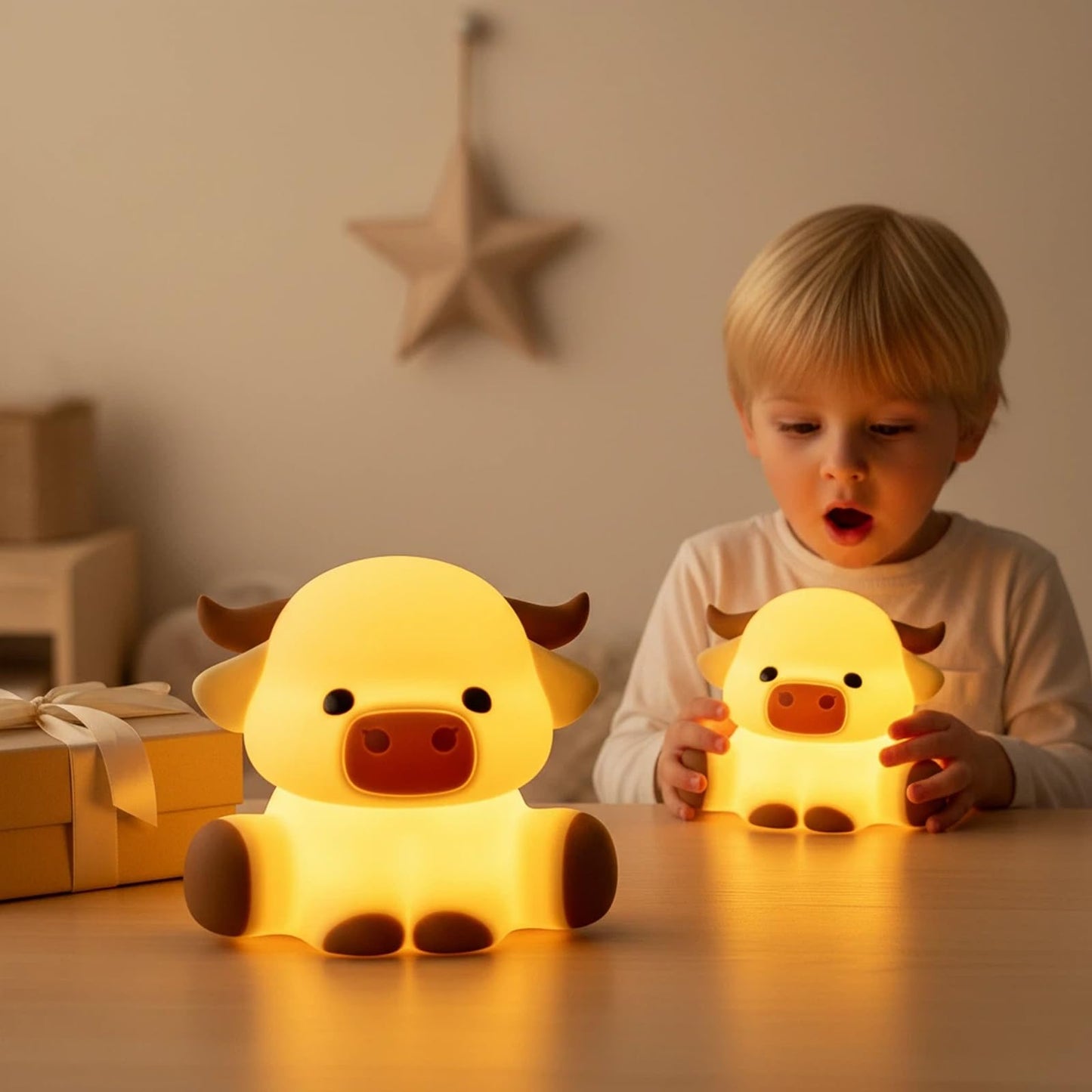 Znpum Highland Cow Night Light, Huggwaii Squishy Silicone Lamp for Kids - Dimmable Touch Sensor Cute Animal Lamp, Soft Glow Night Light for Nursery, Bedroom, Christmas Gifts for Boys, Girls, Women